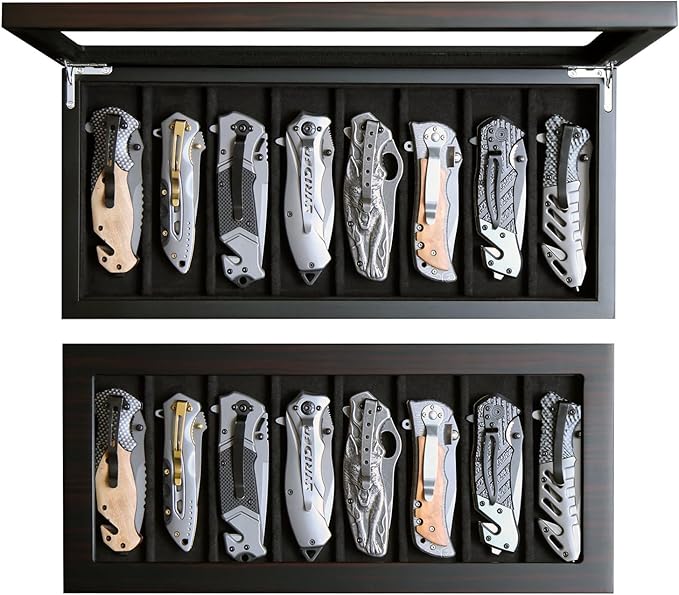 Knife Display Case Organizer storage 8 pocket knives, Folding Knife Holder with Real Glass Window Top， Pocket knife collection box for men gift (Ebony Veneer 8 slot)