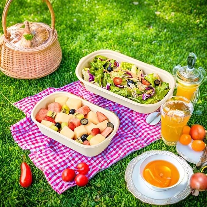 Aksipo 50 Pack 37 Oz Disposable Food Containers with Lids, Compostable Meal Prep Containers with Lids, Leak-proof To Go Food Box Cardboard Take Out Lunch Box Rectangle Paper Bowls for Salad,Leftovers