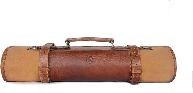 Leather Knife Roll Storage Bag, Elastic and Expandable 10 Pockets, Adjustable/Detachable Shoulder Strap, Travel-Friendly Chef Knife Case (Peanut, Canvas)