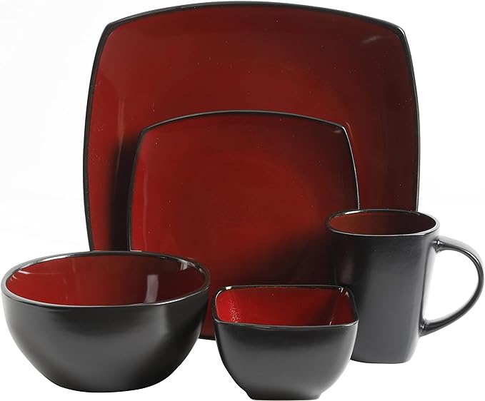 Gibson Elite Soho Lounge Square Reactive Glaze Stoneware Dinnerware Set, Service for 8 (40pc), Red/Black