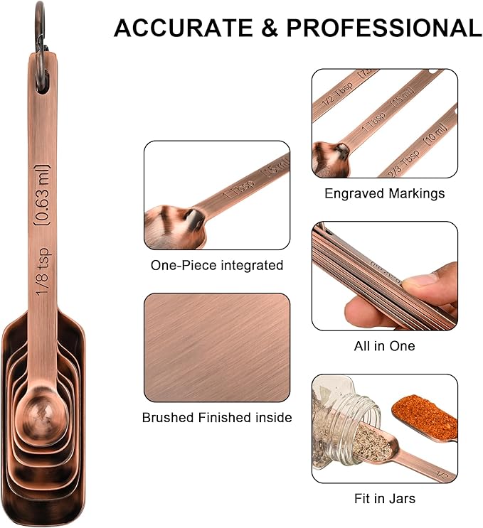 Copper Measuring Cups and Spoons Set, Stainless Steel Measuring Cups and Spoons Set 12, Metal Measuring Cups Set, 5 Copper Measuring Cup Set and 6 Copper Measuring Spoons &Leveler for Kitchen