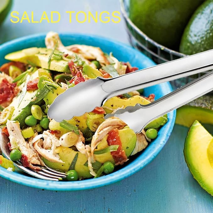 2 Pack Serving Tongs Serving Utensils Salad Tongs Metal Buffet Tongs Non-slip & Easy Grip Stainless Steel Plated Buffet Serving Tongs, Salad, Ice, Oven (9.5 Inch) (Silver)