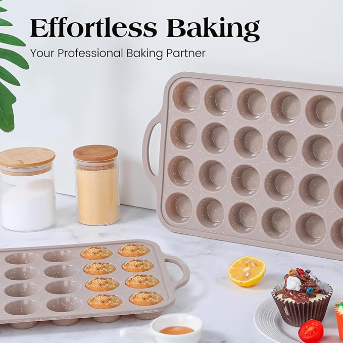 Vinino Mini Silicone Muffin Pans for Baking with Metal Reinforced Frame, 24 Cups Brown Regular Size Nonstick Cupcake Pan, BPA Free Oven Dishwasher Safe Baking Mold for Muffins Cupcakes
