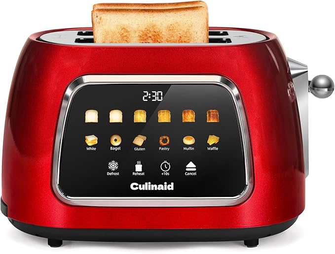 Toaster 2 Slice Smart Touch Screen, Retro 1.5'' Extra Wide Slot Stainless Steel Digital Bread Toaster with Memory Function, Bagel, Defrost, 6 Browning Levels and Removable Crumb Tray, Red