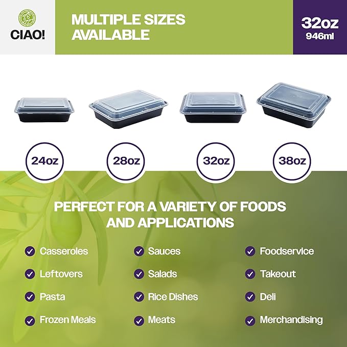 CIAO! Heavy Weight 32oz Injection Molded Microwavable Black Rectangular Food Container with Lid (150/case)
