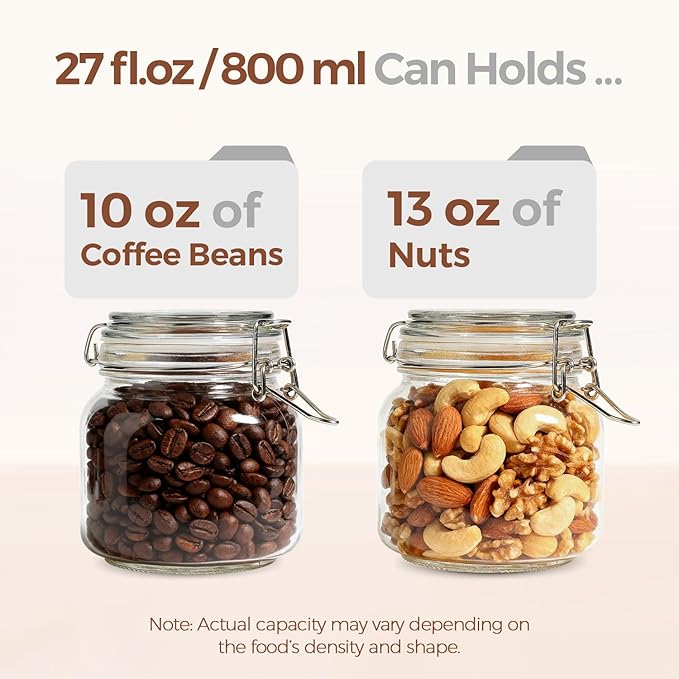ComSaf 25oz Airtight Glass Canisters with Lids Set of 6, Square Food Storage Jar Container with Clamp Lids for Kitchen Canning Cereal Coffee Pasta Sugar Beans Spice, Clear Mason Jars with 12 Labels