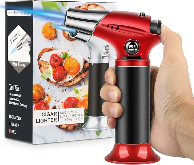Blow Torch, Professional Kitchen Cooking Torch with Lock Adjustable Flame Refillable Mini Blow Torch Lighter for BBQ, Baking, Brulee Creme, Crafts and Soldering(Butane Gas Excluded)