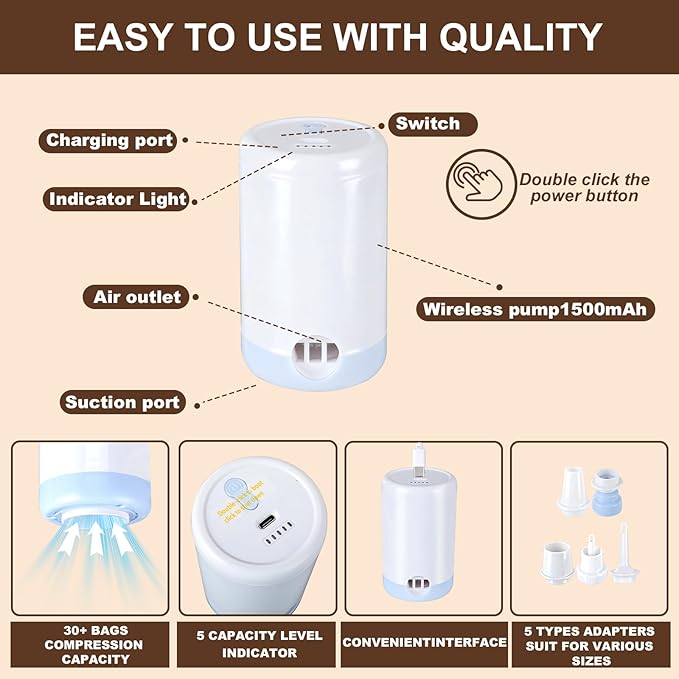 25 Pack Vacuum Storage Bags for Clothing Travel Vacuum Seal Bags With Wireless Pump IP67 Waterproof Reusable Vacuum Compression Bags for Clothing Luggage (1Travel Bag +6Small+6Middle+6Large+6Jumbo)