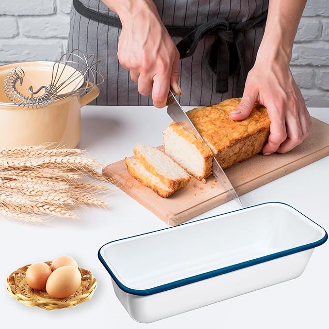 Webake Large Enamel Bread Pan, Long Banana Bread Loaf Pan for Baking, Non-Stick Rectangle Cake Pan Enamelware White 12 x 4.5 Inches