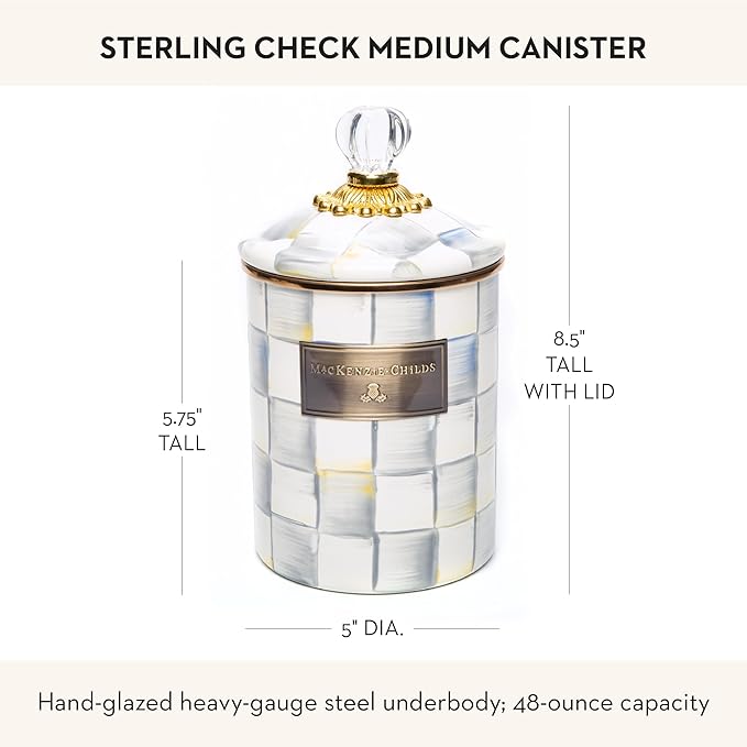 MACKENZIE-CHILDS Medium Enamel Canister, Kitchen Storage Container for Flour and Sugar, 1.42 Liters, Grey-and-White Sterling Check