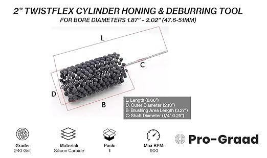 TwistFlex Cylinder Hone | 2" 240SC Flexible Cylinder Honing & Deburring Tool | 2" Bore Brush for Hole Diameters 1.87"- 2.02" | Silicon Carbide 240 Grit | 1/4" Shank | 8.66" Length