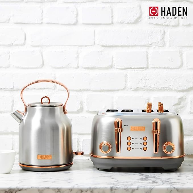 Haden Heritage 4 Slice Wide Slot Stainless Steel Toaster Bundled with 1.7 Liter Stainless Steel Electric Water Kettle, Steel & Copper