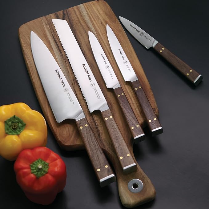 Brass and Walnut 6-piece Knife Block Set, High-Carbon German Stainless Steel Multipurpose Kitchen Cutlery with Midtown Storage Block