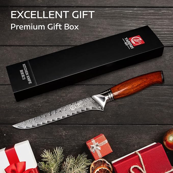 YARENH Boning Fillet Knife 6 Inch, Professional Kitchen Chef Knife, 73 Layers Damascus High Carbon Steel, Full Tang Sandalwood Handle, FYW Series