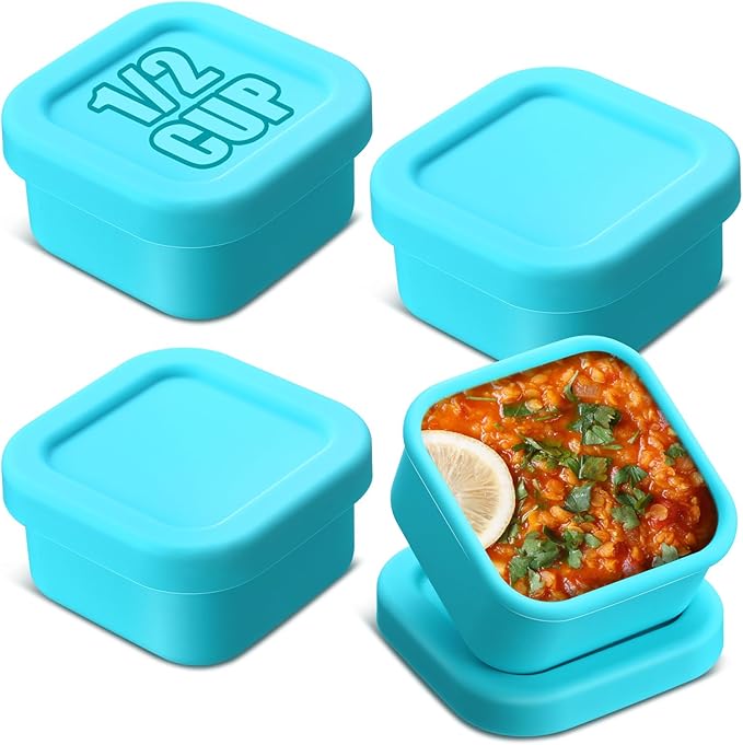 Nuogo 4 Pcs 1/2 Cup Silicone Freezer Trays with Lid Soup Freezer Containers Reusable Silicone Molds Rectangle Freezing Containers Freezing Ice Trays for Soups Sauces Stews Curries, Lake Blue