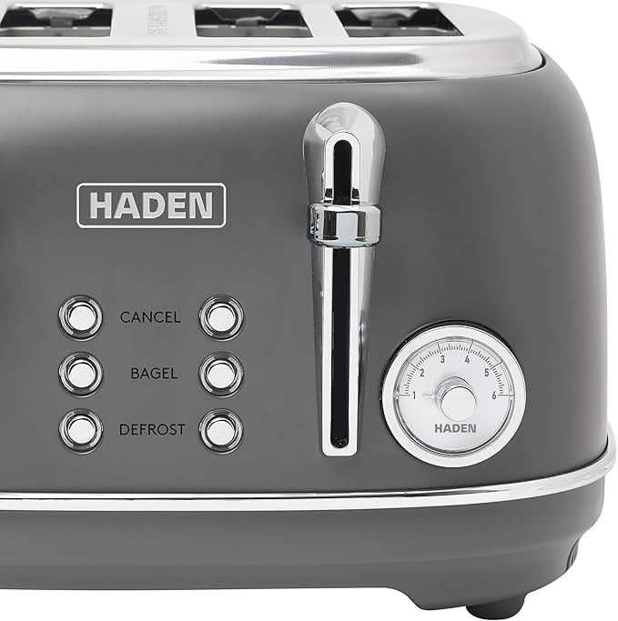 Haden Chelsea 4 Slice Wide Slot Toaster with Adjustable Browning Control, Grey & Chrome
