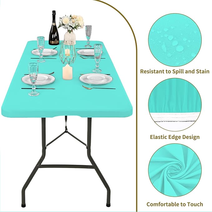 6 Pack Fitted Tablecloth for 6 Foot Rectangle Tables, Aqua Blue Elastic Outdoor Picnic Table Cover, Washable Stretch Folding Table Cloths 6 ft for Camping Party Patio Kitchen Banquet, 30" W x 72" L