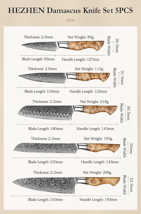 HEZHEN Damascus Kitchen Knives Set, Damascus Steel Japanese Style Chef Knife Utility Knife Santoku Knife,Figured Sycamore Wood Handle