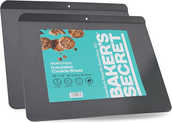 Baker's Secret 2pcs Insulated Cookie Sheet Cookie Tray 16" x 14", Carbon Steel Insulated Double Wall, for Baking Roasting Cooking, Dishwasher Safe Home Baking Supplies PFOA, PFOS, PTFE free