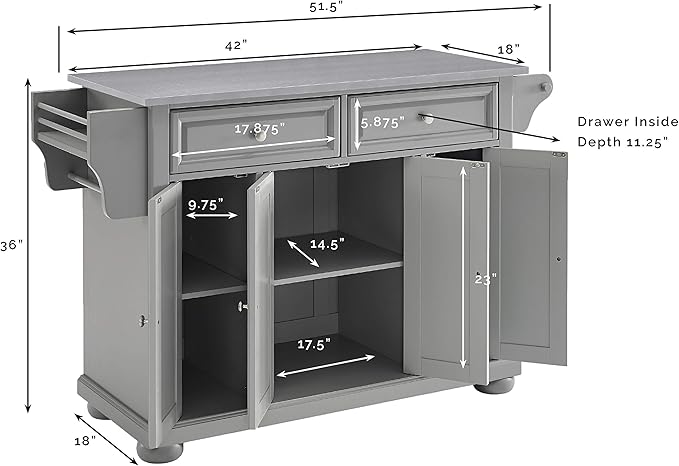 Crosley Furniture Alexandria Stainless Steel Top Rolling Kitchen Island Storage Cart, Microwave Stand, Gray