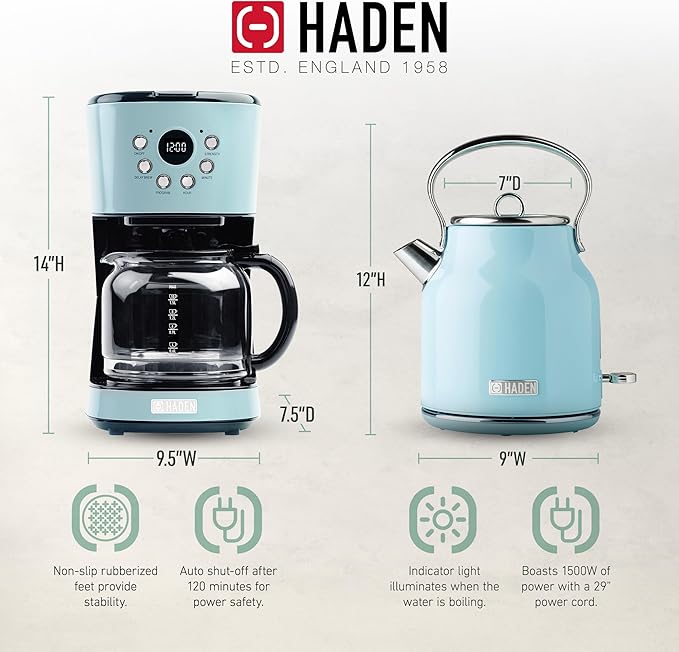 HADEN Coffee Machine, 12 Cup Drip Coffee Maker Bundled with Heritage 1.7 Liter Stainless Steel Electric Kettle, Turquoise & Chrome
