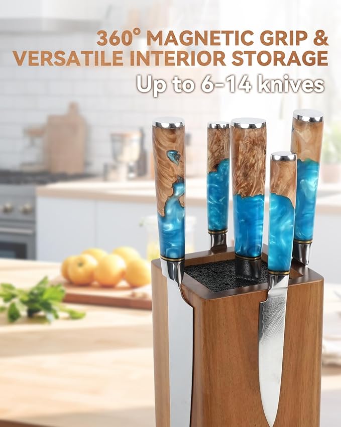 Magnetic Knife Block 360° Rotating Wood Universal Knife Holder with Four Side Ultra Strong Magnets, Knife Storage Rack with Removable Bristles, Multifunctional Storage for Kitchen Counter Top
