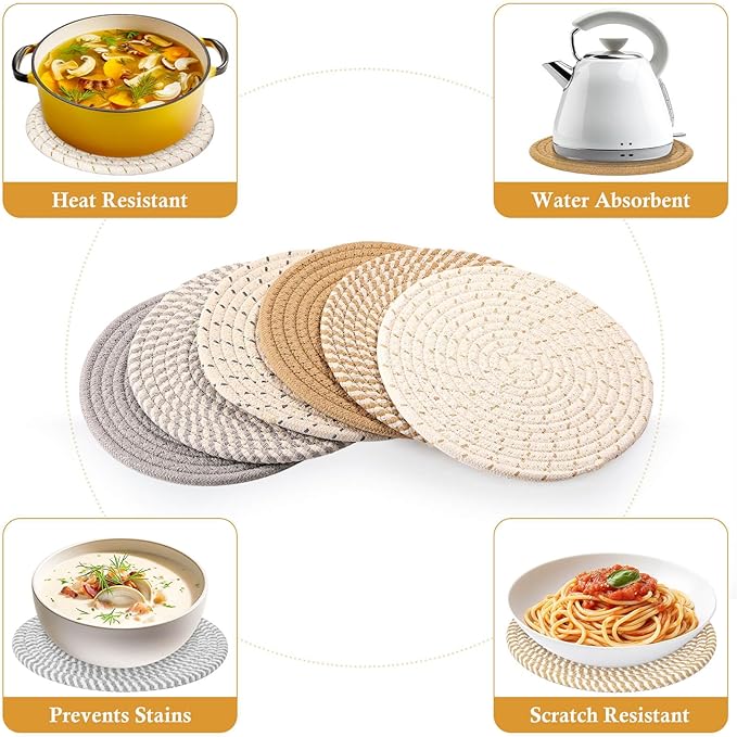 Billbotk 8" Trivets for Hot Dishes, Hot pots and Pans, 6 Heat Resistant Hot Pads, Pot Holders for Kitchen, Hot Plate Mats for Table, Kitchen Decor for Counter, Home Essentials, Farmhouse(Boho)