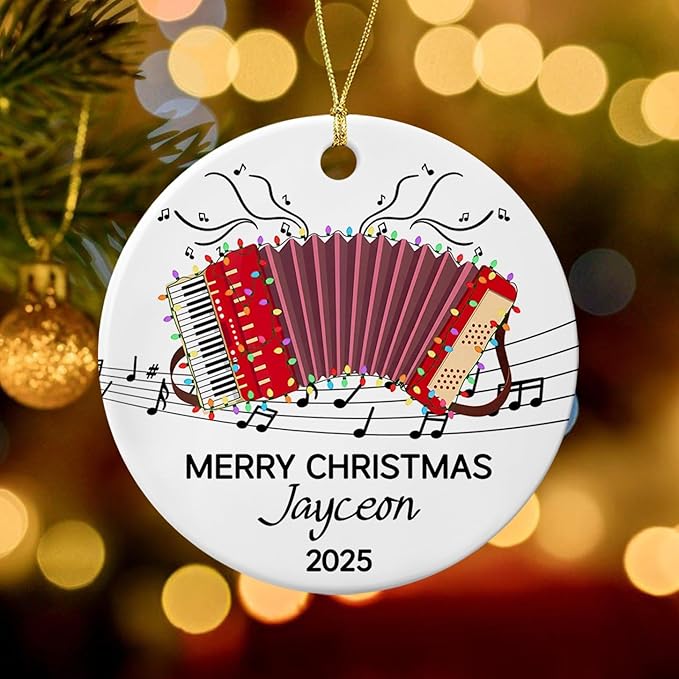 Unique Accordion Musical Ceramic Xmas Ornament 2025, Customized Year Text Name Accordionist Christmas Ornaments Gift for Accordion Player Friends Daughter Son Dad Mom,Personalized Accordions Ornament