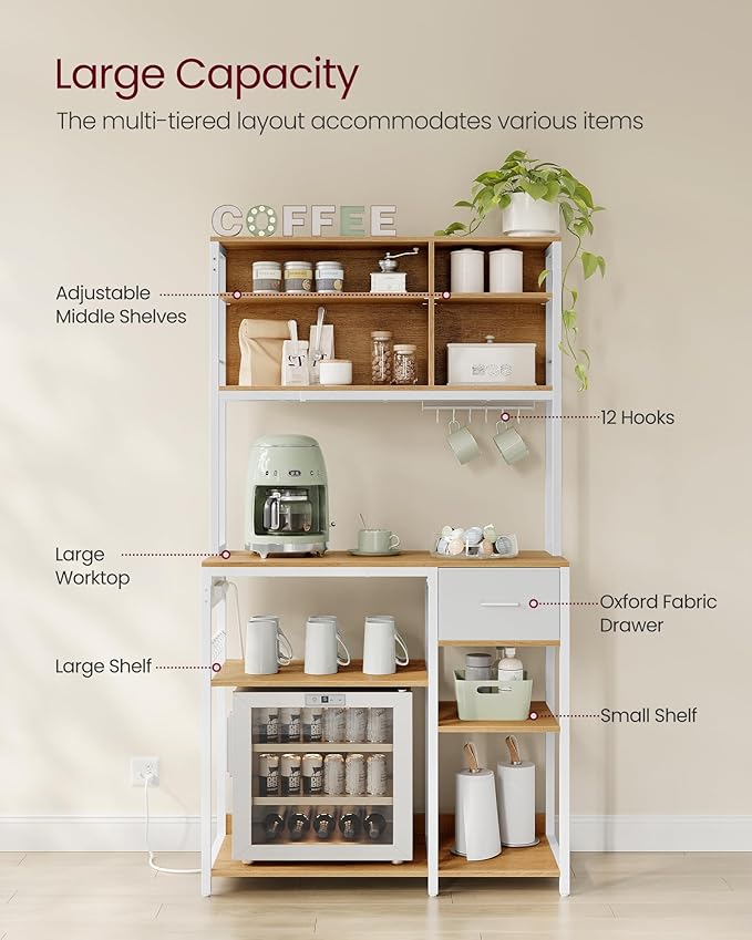 VASAGLE Bakers Rack with Charging Station, Coffee Bar with Adjustable Storage Shelves, Fabric Drawer, 12 Hooks, 15.7 x 39.4 x 71 Inches, Kitchen Microwave Stand, Golden Oak and Cloud White UKKS027Y01