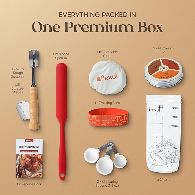 Sourdough Starter Kit with 9 Inch Banneton Bread Proofing Basket, 24oz Starter Jar & Recipe Book – Complete Sourdough Bread Baking Supplies Set with Dough Whisk & Scraper for Artisan Home Bakers