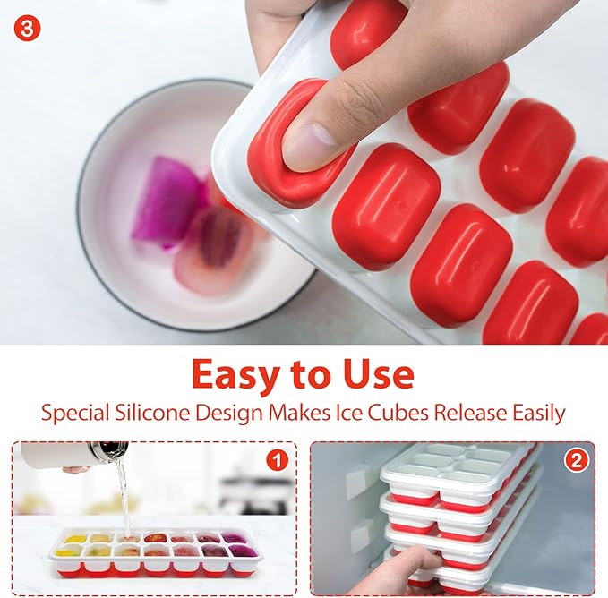 DOQAUS Ice Cube Trays 4 Pack, 56 pcs Silicone Ice Cubes Tray Maker with Spill-Resistant Removable Lid, Easy Release & Pop out, LFGB and BPA Free, Stackable Flexible, for Baby Food, Cocktail, Coffee