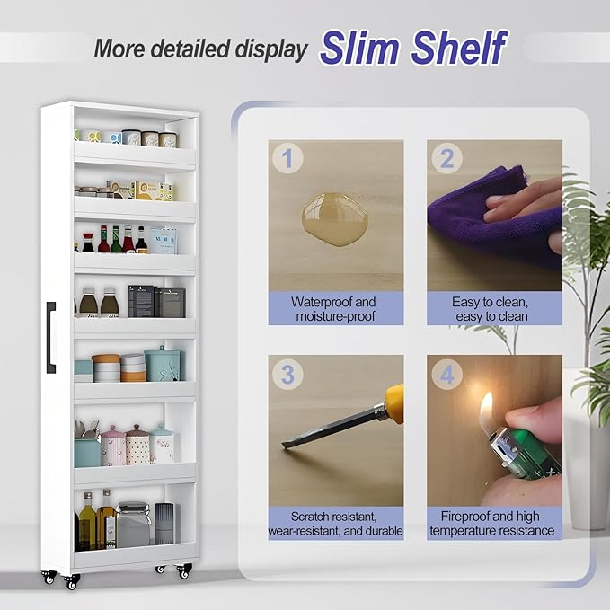 7-Tier Slim Storage Cart, Wooden Rolling Pantry Cabinet with Wheels, Narrow Shelf Organizer for Kitchen, Bakers Rack, Dining Room, Closet, Small Spaces Dark Walnut 47.2" H*7.8" W*23.6" D