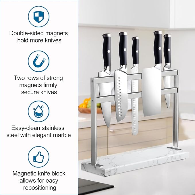 YIIYIIN Magnetic Knife Block with Marble Base - Double Sided Magnetic Knife Stand - Magnetic Knife Holder - Kitchen Knife Storage - Knife Holders for Counter Top - Marble White