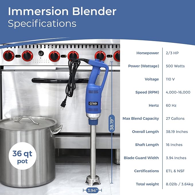 TK Commercial Immersion Blender, 500 Watt/.5 HP Variable Speed Motor, 16,000 RPM Heavy Duty with Performance Assurance - 16"