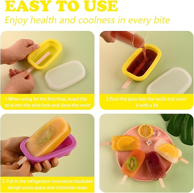 Sakolla 4 Pcs Silicone Popsicle Molds with Lid & 50 Pcs Wooden Popsicle Sticks, Stackable Classic Oval Ice Cream Molds for Homemade Ice Pop, Cakesicles, Freezer Yogurt and Fruit Juice (Multicolor)