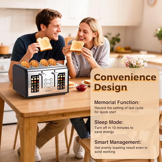 4 Slice Touch Screen Toaster, Stainless Steel Toaster with Wide Slots for Bagels and Bread, Reheat/Defrost/Cancel Functions, Removable Crumb Tray, Matt Black
