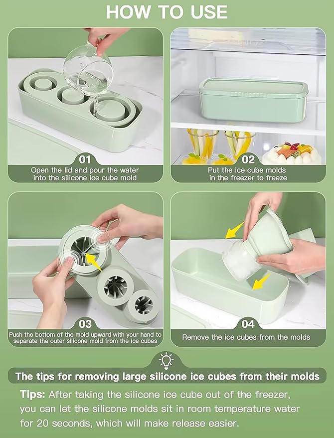 Ice Cube Tray for Stanley Cup, Silicone Ice Mould with Lid & Bin, Long Ice Cubes for 30-40Oz Tumbler, Easy Fill & Release, Perfect for Cocktails, Whiskey, Iced Coffee, Drinks, BPA Free (Green)