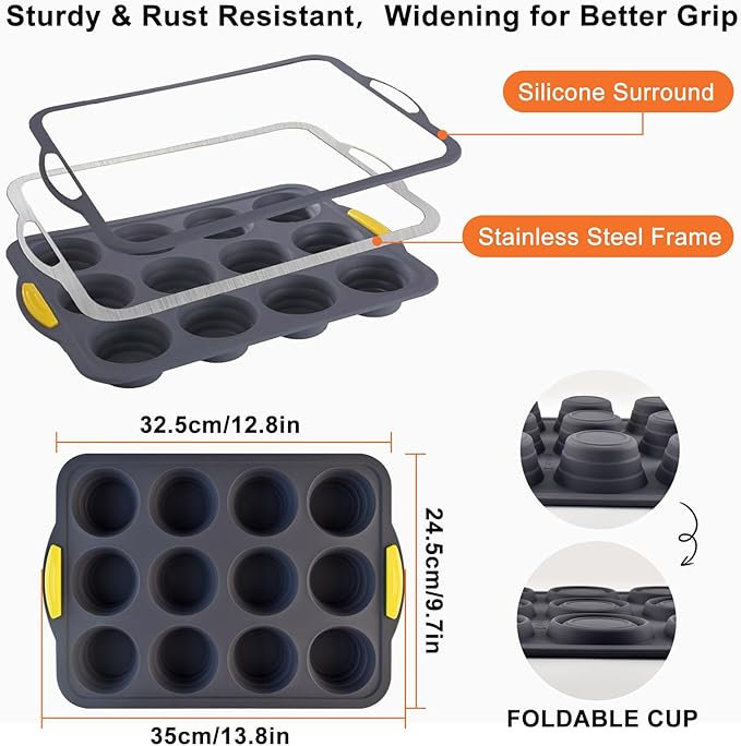Silicone Muffin Pan for Baking with Metal Reinforced Frame，Foldable Cupcake Pan 12 Cups for Baking Homemade Muffins,Nonstick Cupcake Baking Pan Molds for Oven Dishwasher Safe With Brush and scraper