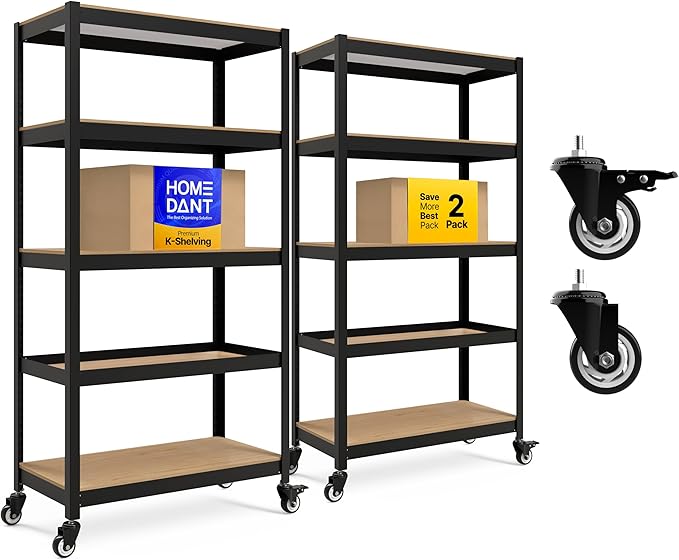 HOMEDANT House 5-Tier Metal Rolling Cart Shelf Rack Casters Heavy Duty Laminated Wheel Shelving Unit Adjustable Utility Storage Shelves Organizer Shelf Kitchen Garage 36.2" W x 16.5" D x 69.5" H 2Pack