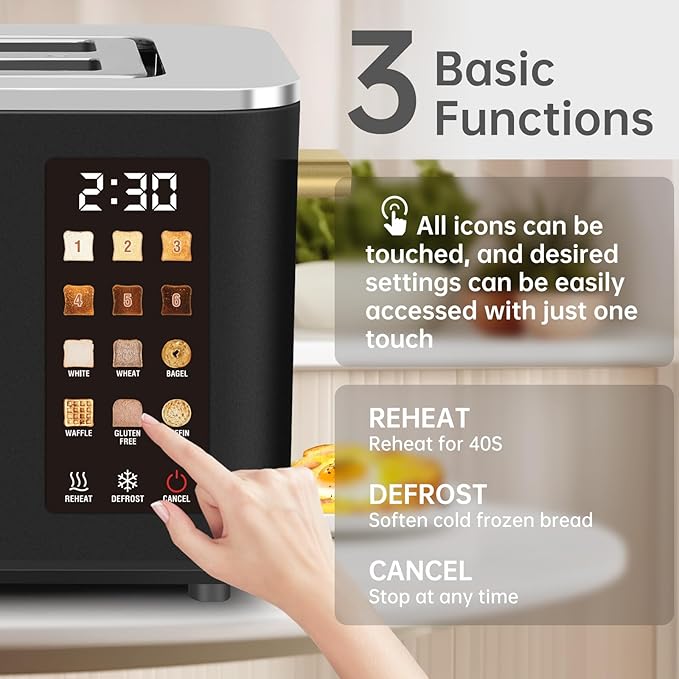 SEEDEEM Toaster 2 Slice, Touch Control Screen, Smart Stainless Toaster, 6 Shade Setting, 6 Bread Selection, Countdown, Removable Crumb Tray, 900W, Matte Black