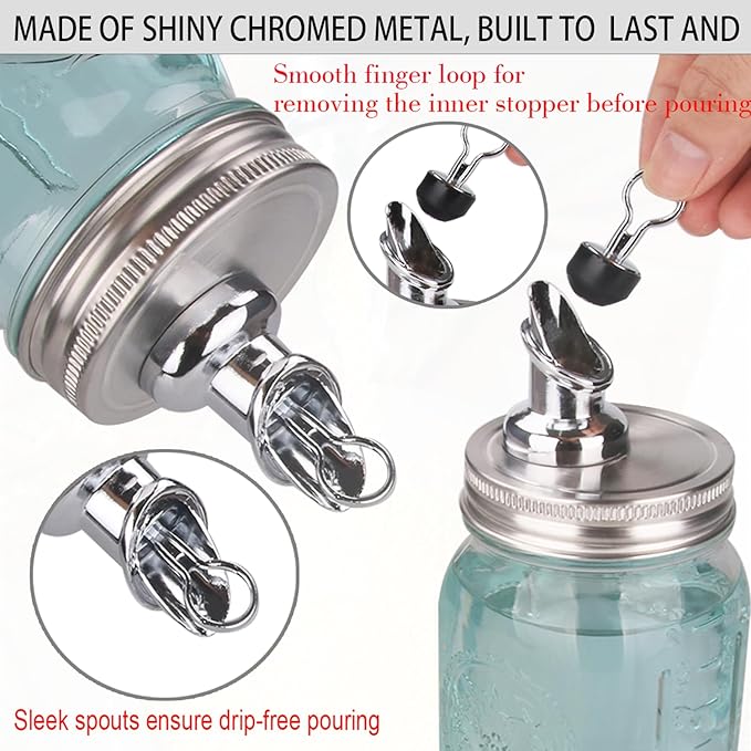Mason Jar Pour Spouts. free flow Mason Jar Pour Spouts, for spout mason jar wide mouth 86 mm dispenser germination cover. Suitable for any liquid，jars not included (2 stainless steel Silver)