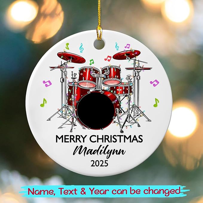 Personalized Drum Set Ceramic Christmas Ornament 2025, Customized Text Year Name Drummer Keepsake Ornaments Gift for Women Men Friend Daughter Son, Drumming Drum Set Ceramic Ornament for Appreciation