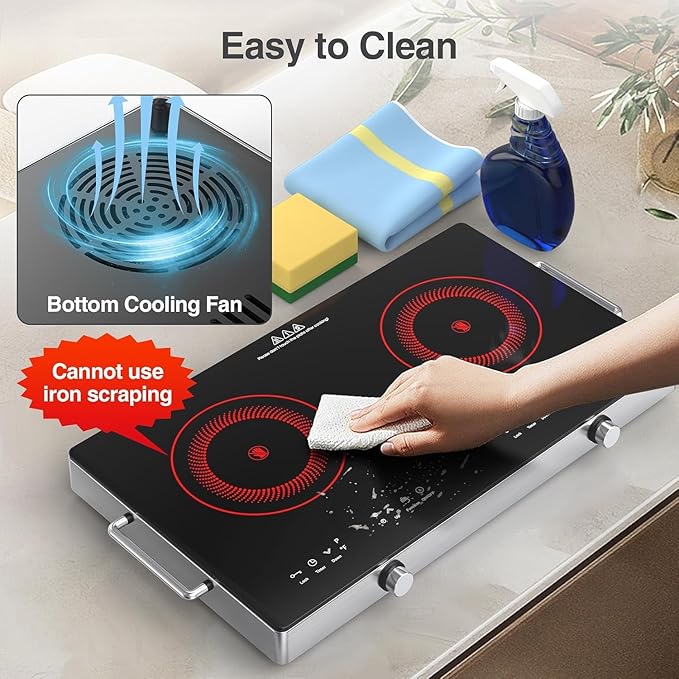 2 Burner Electric Cooktop, 110V 2400W Electric Stove Top, 24 Inch Hot Plate with Knob Control, Kids Lock & Timer, 9 Power Levels, LED Touch Control