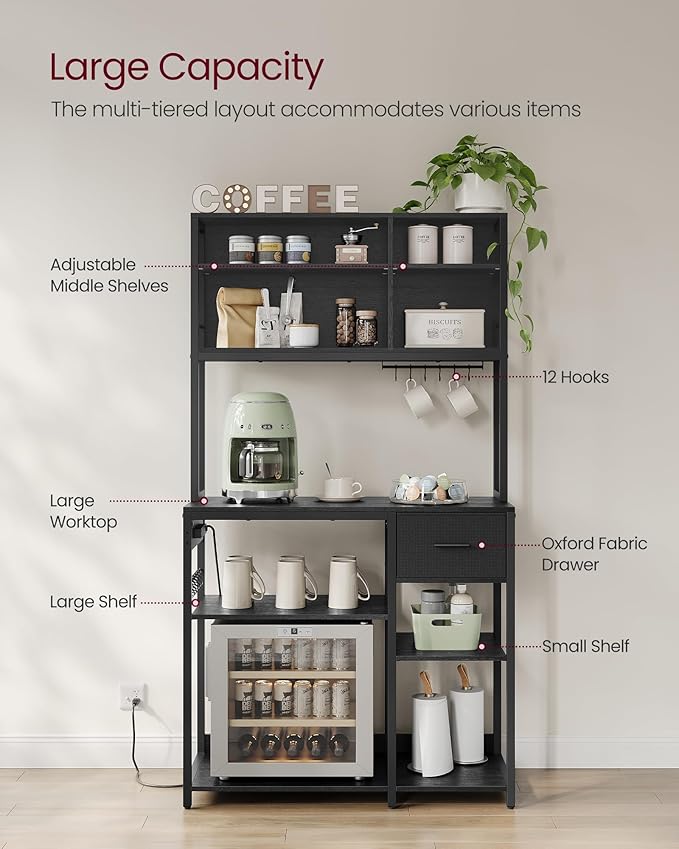 VASAGLE Bakers Rack with Charging Station, Coffee Bar with Adjustable Storage Shelves, Fabric Drawer, 12 Hooks, 15.7 x 39.4 x 71 Inches, Kitchen Microwave Stand, Charcoal Gray and Ink Black UKKS027B01