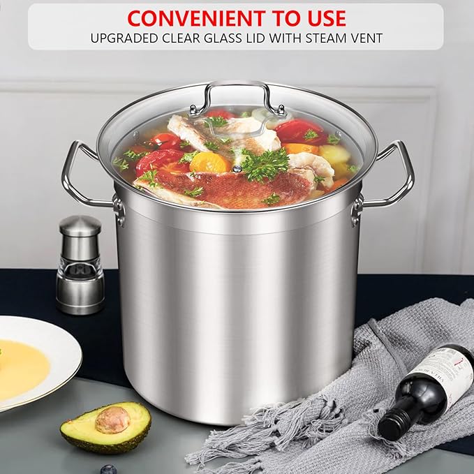 Large Stock Pot 20 Quart - Commercial Grade Soup Pot With Glass Lid - Nickel Free Stainless Steel Cookware - Healthy Polished Stockpots - Heavy Duty Induction Pots