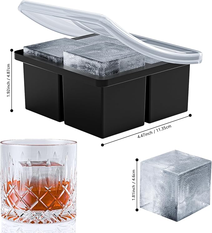 Bangp Large Ice Cube Tray for Whiskey,Silicone Ice Cube Trays 2 Pack,Large Ice Cube Molds with Leak Proof Removable Lid,Square Ice Cube Tray for Whisky and Cocktail