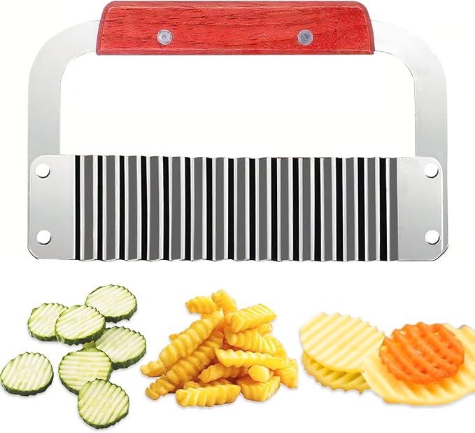 Suuker Crinkle Cutter, Extra-Large Potato Slicer Wavy Chopper, Stainless Steel French Fry Cutter Wavy Crinkle Cutting Chopping Tools with Wooden Handle for Carrot Veggies