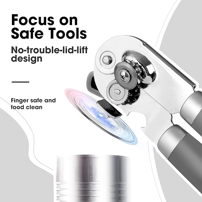 Beneno Heavy Duty Hand Can Opener Manual with Magnet, Durable Sharp Carbon Steel Blade Smooth Cutting, Big Effort-Saving Knob & Soft Grip Handle, Multifunctional Kitchen Tool with Bottle Opener, Gray