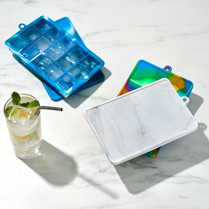 Host Ice Cube Tray with Lid, Makes 15 1.25" Cubes, Durable Silicone Trays, Perfect for Cocktails, Beverages, Mocktails, Iced Coffee, Tea, Infused Water, Kitchen Essentials, Set of 1, Blue Marble