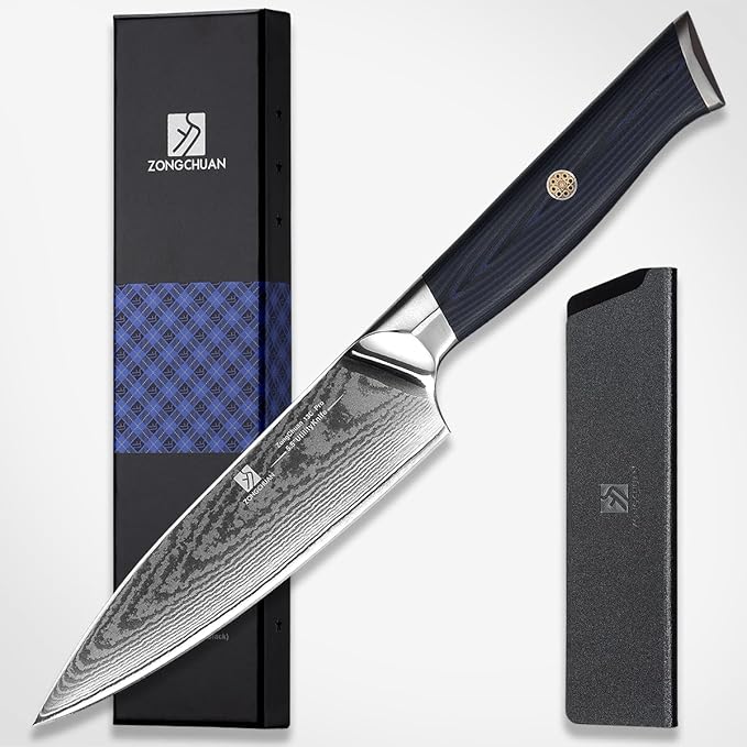 Utility Knife,5.5inch Damascus knife,67-Layer High Carbon Stainless Steel Kitchen Knife,Professiona Sharp Cutting Knives with Ergonomic Blue G10 Handle,Gift Box for Home and Kitchen Birthday Gift